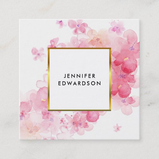 水色ピンク花柄ホワイトゴールド専門 スクエア名刺 (正面)