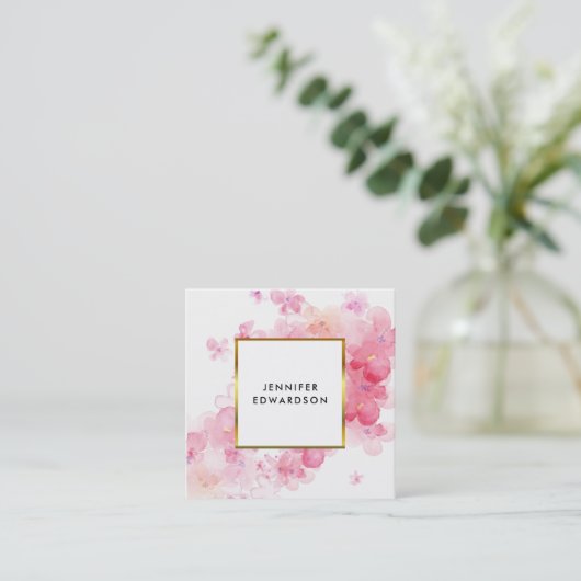 水色ピンク花柄ホワイトゴールド専門 スクエア名刺 (スタンド正面)
