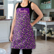 水色ピンク花紫色の模様のエプロン