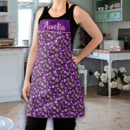 水色ピンク花紫色の模様のエプロン エプロン