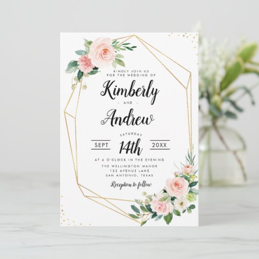 水色ピンク赤面フローラ幾何結婚性 招待状 (スタンド正面)