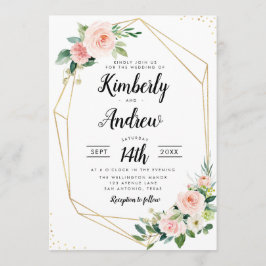 水色ピンク赤面フローラ幾何結婚性 招待状