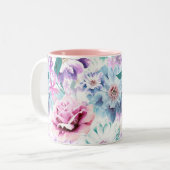 水色ピンク、青い花。 ツートーンマグカップ (正面左)