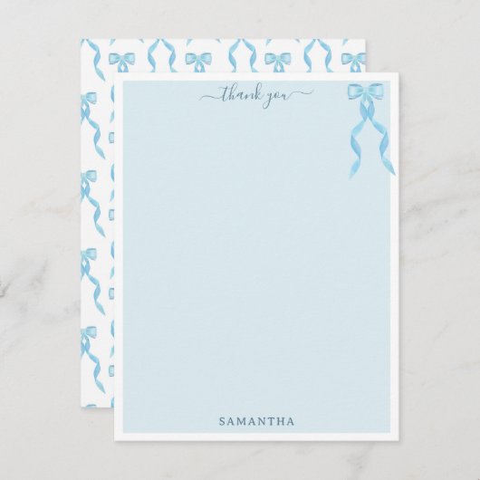水色ファンシーブルーボウパーソナライズされた サンキューカード (正面/裏面)