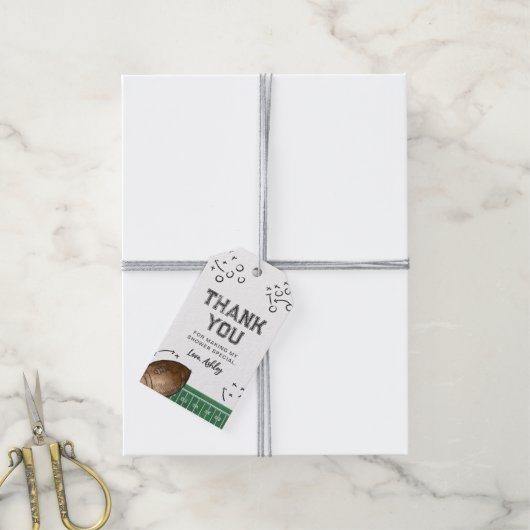 水色フットボール赤ちゃんシャワーメッセージカード ギフトタグ (より糸付き)