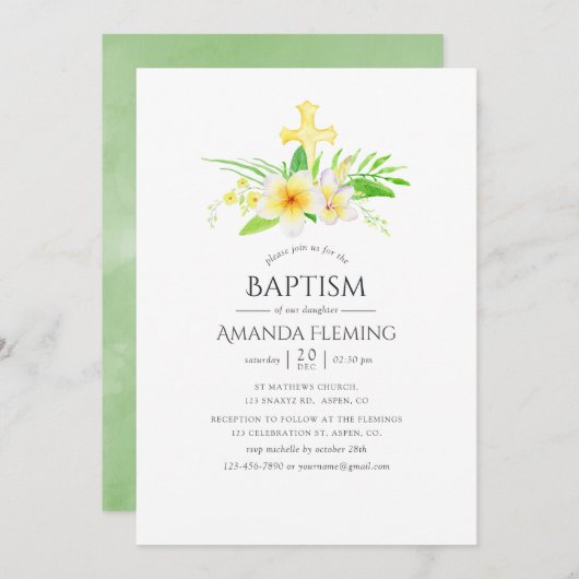 水色フランジパニバプテスマまたは《キリスト教》洗礼式や命名式 招待状 (正面/裏面)