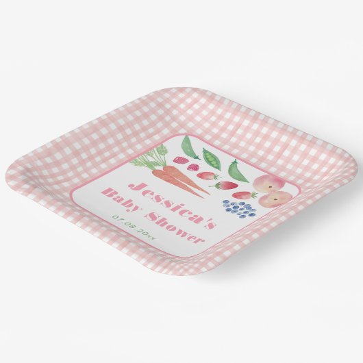 水色フルーツ野菜ガーデンガールベビーシャワー ペーパープレート (傾斜あり)