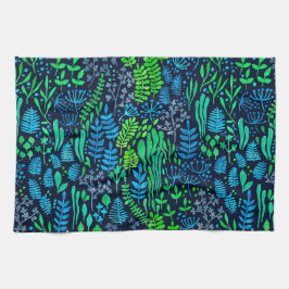 水色フローラのドットの暗い背景 キッチンタオル