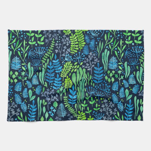 水色フローラのドットの暗い背景 キッチンタオル (横)