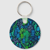 水色フローラのドットの暗い背景 キーホルダー (正面)