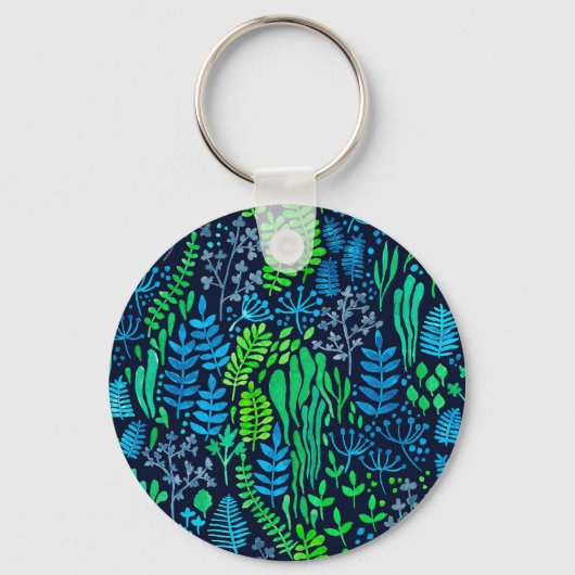 水色フローラのドットの暗い背景 キーホルダー (正面)