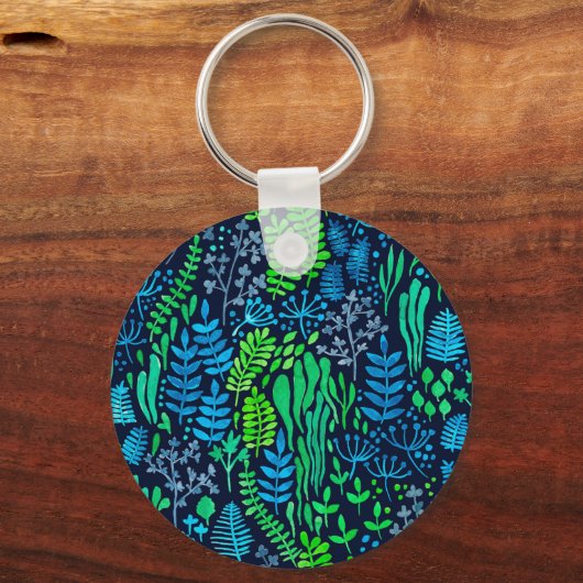 水色フローラのドットの暗い背景 キーホルダー (正面)