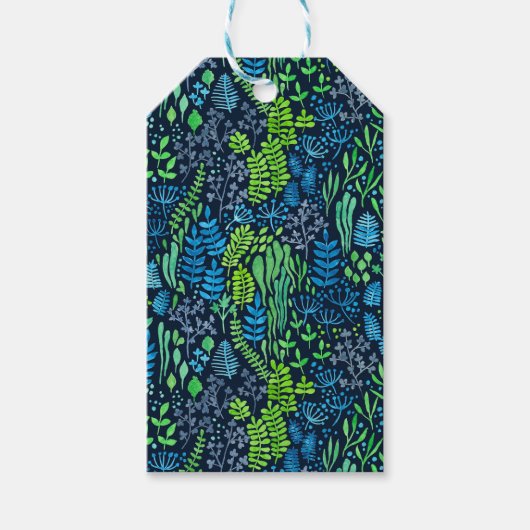 水色フローラのドットの暗い背景 ギフトタグ (正面)