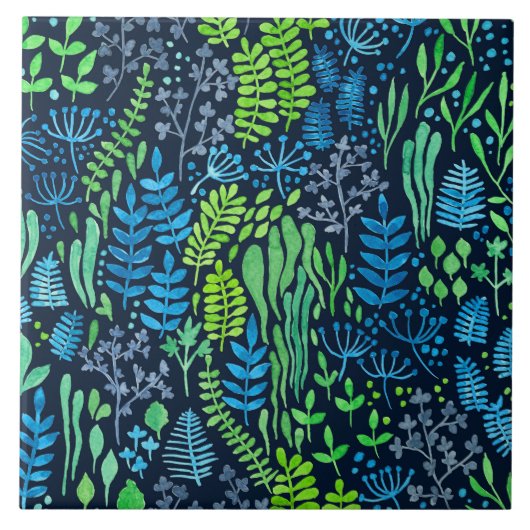 水色フローラのドットの暗い背景 タイル (正面)