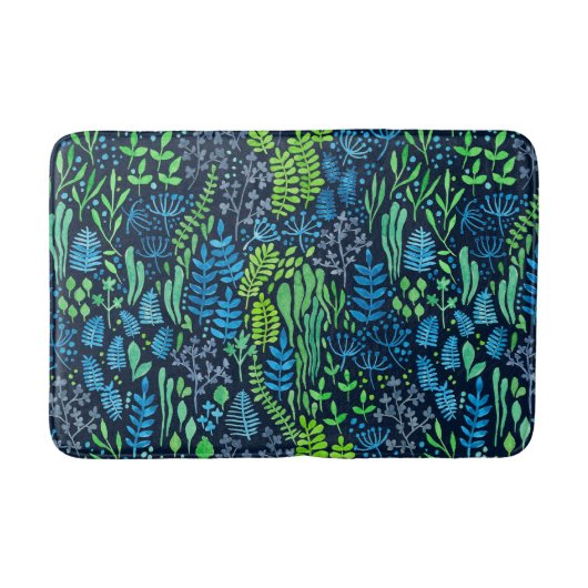 水色フローラのドットの暗い背景 バスマット (正面)