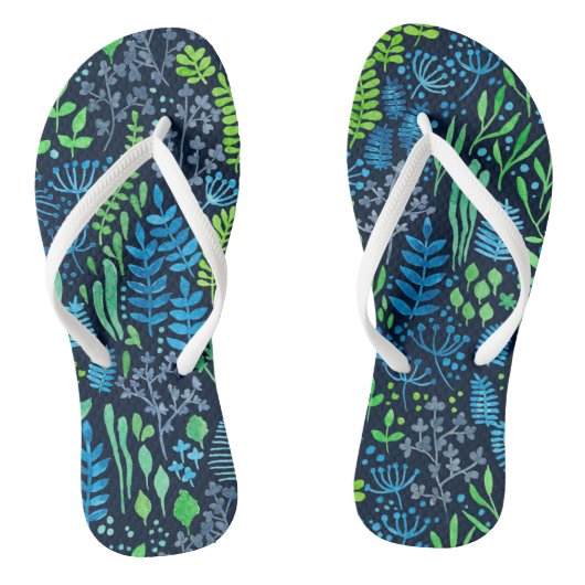 水色フローラのドットの暗い背景 ビーチサンダル (ソール)