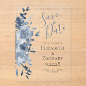水色フローラほこりっぽいブルーウェディング日付を保存 アクリル招待状 (正面)