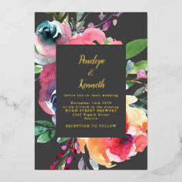 水色フローラエレガントスクリプトラ結婚ックスの金ゴールド 箔招待状