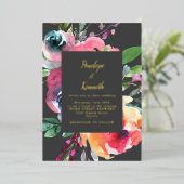 水色フローラエレガントスクリプトラ結婚ックスの金ゴールド 箔招待状 (立ち正面)