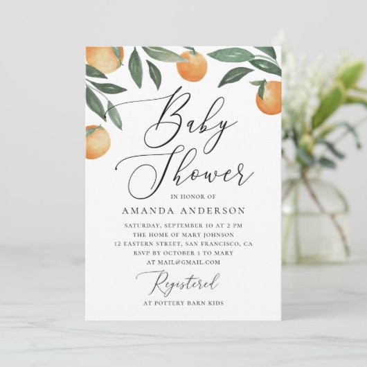 水色フローラオレンジ柑橘系のスクリプトベビーシャワー 招待状 (スタンド正面)