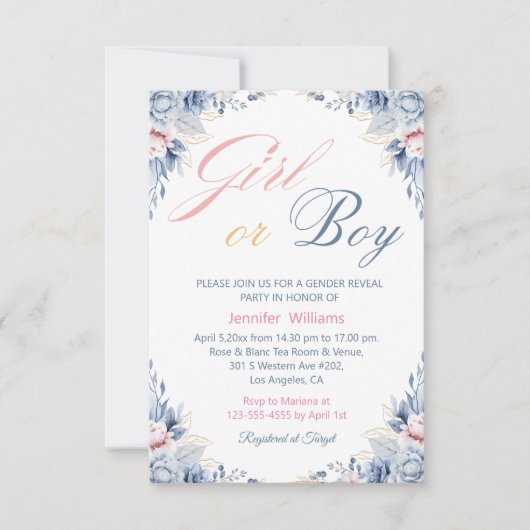 水色フローラシックな女の子または男の子のジェンダーの明け 招待状 (正面)