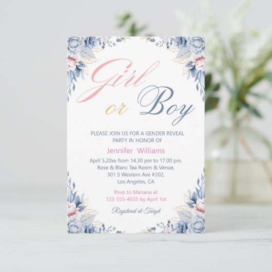 水色フローラシックな女の子または男の子のジェンダーの明け 招待状 (スタンド正面)