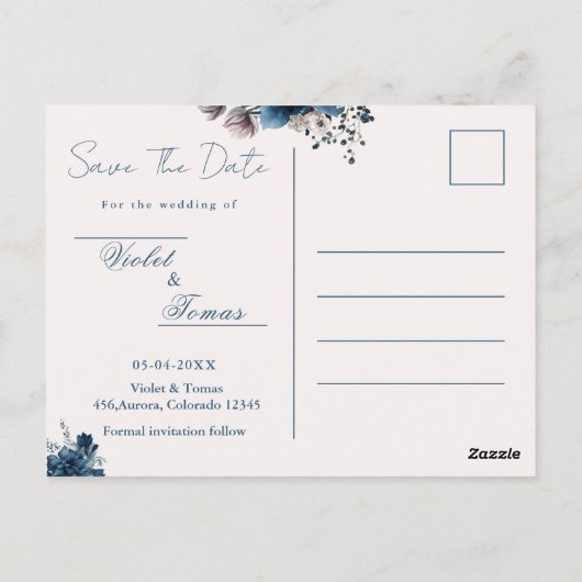 水色フローラネイビーブルー日付はがきを保存 ポストカード (裏面)