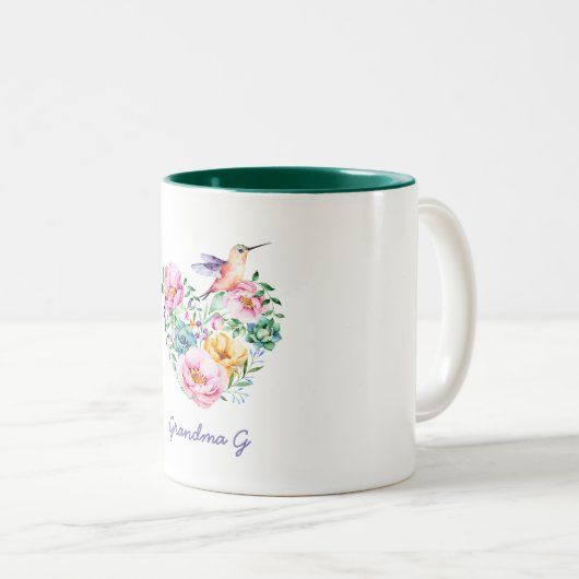 水色フローラハートハミングバード祖母のギフト ツートーンマグカップ (正面右)