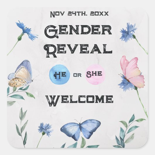 水色フローラバタフライエンクロージャカード スクエアシール (正面)