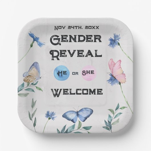 水色フローラバタフライエンクロージャカード ペーパープレート (正面)