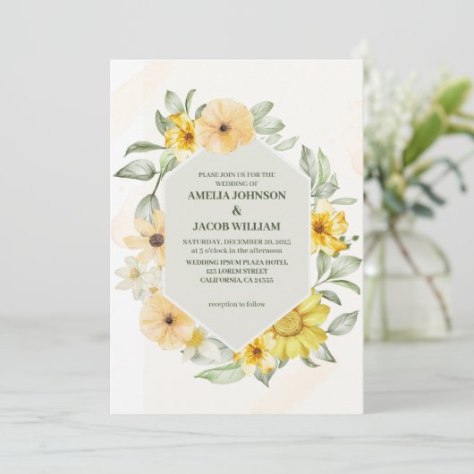 水色フローラバター黄セージ緑結婚色 招待状 (スタンド正面)