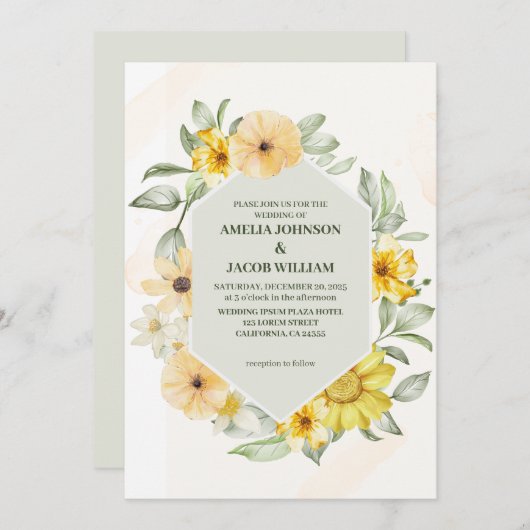 水色フローラバター黄セージ緑結婚色 招待状 (正面/裏面)