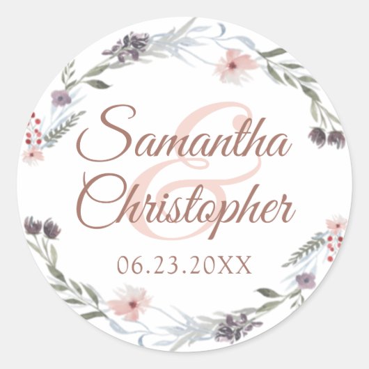 水色フローラバラ金ゴールド結婚スクリプトのシール ラウンドシール (正面)