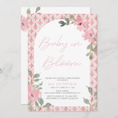 水色フローラピンクタイルベビーシャワー開花 招待状 (正面/裏面)