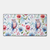 水色フローラフクロウのシームレスパターン デスクマット (正面)