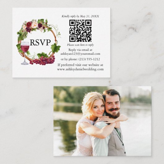 水色フローラブドウつる植物リース写真RSVP QR エンクロージャーカード (正面/裏面)