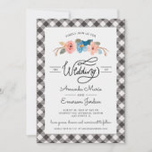 水色フローラブラックチェッカジュアルク結婚ズ 招待状 (正面)