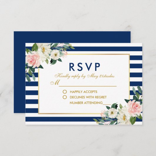 水色フローラブルーストライプウェディングRSVP 出欠カード (正面/裏面)