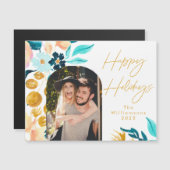 水色フローラブルー金ゴールド1フォトホリデーカード (正面/裏面)