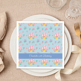 水色フローラマッシュルームパターンブルー誕生日 スタンダードカクテルナプキン