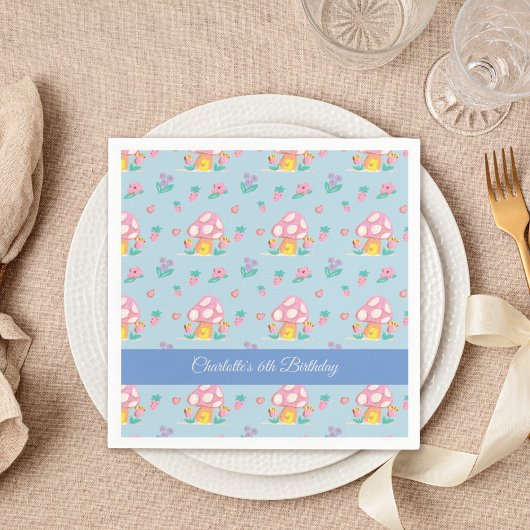 水色フローラマッシュルームパターンブルー誕生日 スタンダードカクテルナプキン