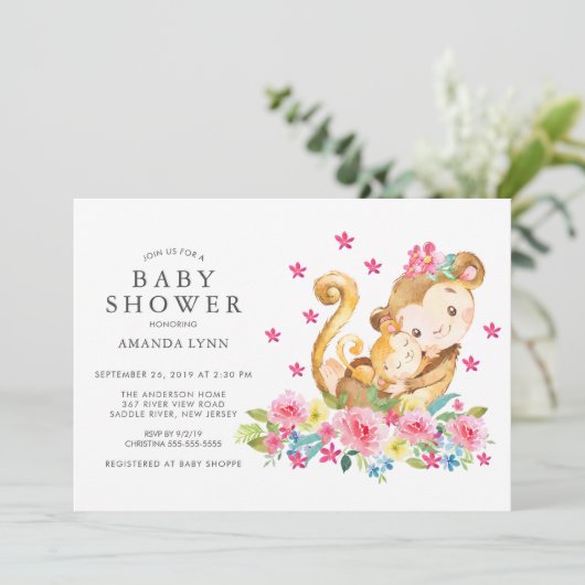水色フローラママベビーモンキーベビーガールシャワー 招待状 (スタンド正面)