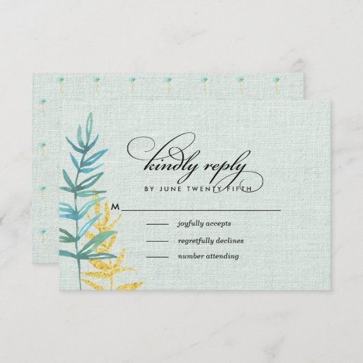 水色フローラミントイエローウェディングRSVPカード 出欠カード (正面/裏面)