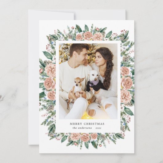 水色フローラメリークリスマスフォトカード シーズンカード (正面)