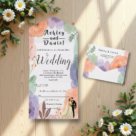 水色フローラロマンチックなカップルエレガントな結婚式 オールインワン招待状