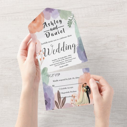 水色フローラロマンチックなカップルエレガントな結婚式 オールインワン招待状 (貼ってはがせる)