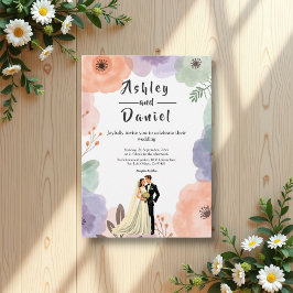 水色フローラロマンチックなカップルエレガントな結婚式 招待状