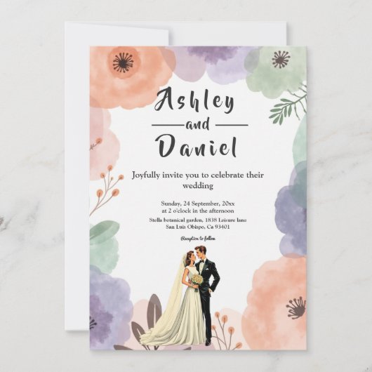 水色フローラロマンチックなカップルエレガントな結婚式 招待状 (正面)