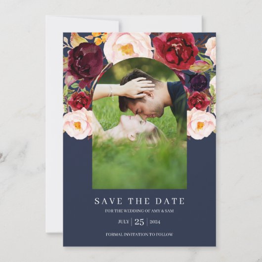 水色フローラ植物性アーチ写真フレーム海軍 セーブザデート (正面)