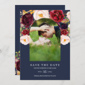 水色フローラ植物性アーチ写真フレーム海軍 セーブザデート (正面/裏面)